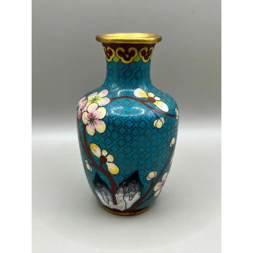 Vtg Chinese Cloisonne Enamel Miniature Vase Turquoise Cherry Blossom 4